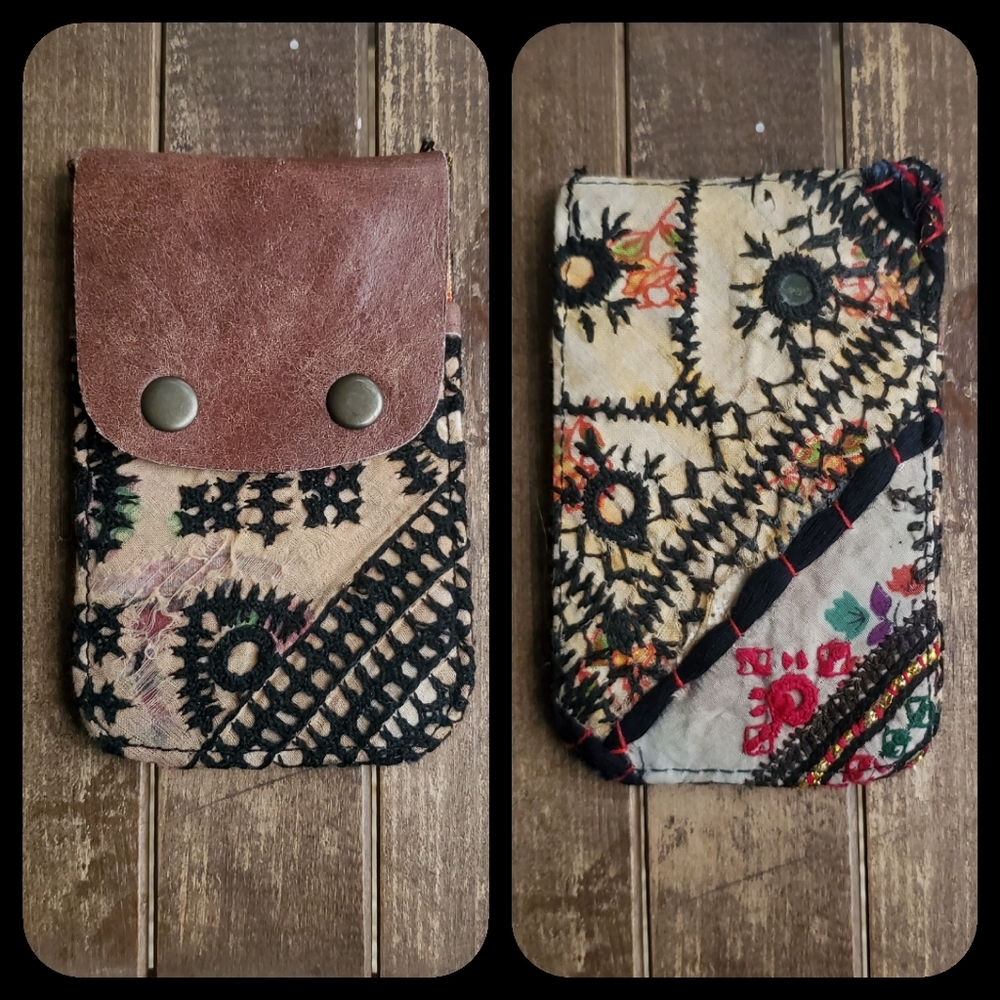 🧠🍳 Free People Boho Embroidered Repurposed vtg banjara hippie Wallet card case